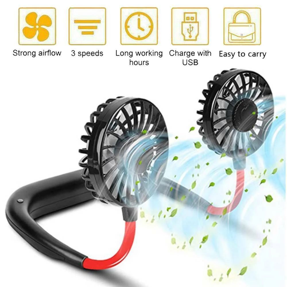 new update Hands-free Neck Band Hands-Free Hanging USB Rechargeable Dual Fan Mini Air Cooler Summer Portable 1200mA